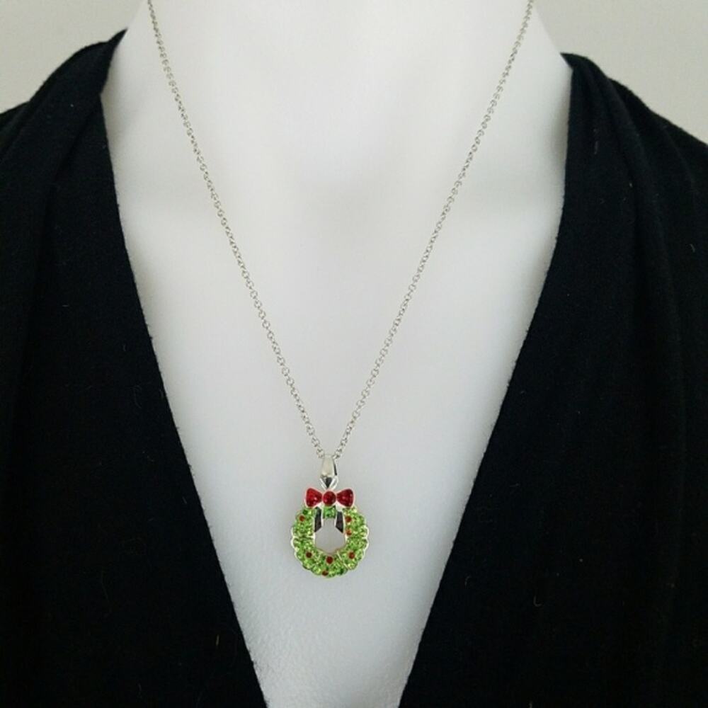 NEW Crystal Wreath White Gold Plated Christmas Holiday Green Red Necklace